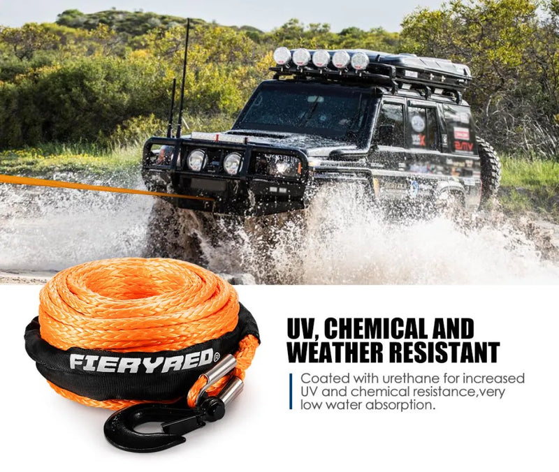 Orange synthetic Dyneema winch rope with protective sleeve, UV and weather resistant