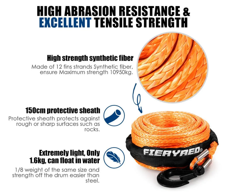 Orange synthetic Dyneema winch rope with protective sheath and high strength synthetic durability