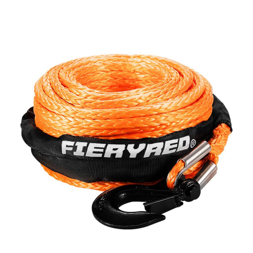 Orange synthetic Dyneema winch rope with black hook and protective sleeve labeled FIERYRED