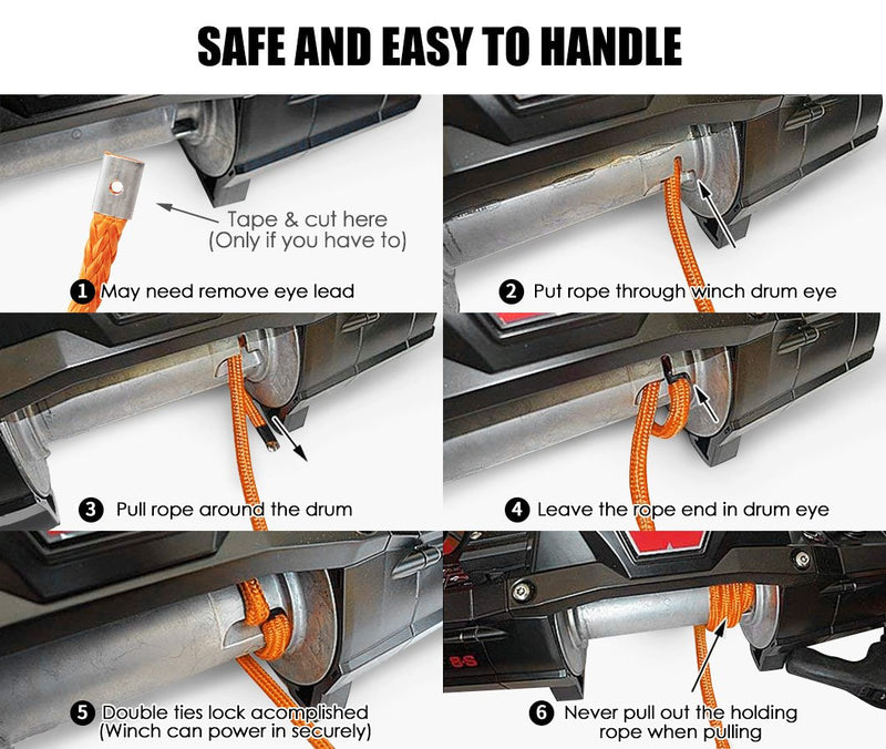 Synthetic Dyneema winch rope with orange color showing safe handling instructions
