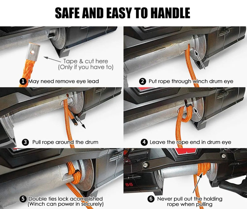 Synthetic Dyneema winch rope with orange color showing safe handling instructions