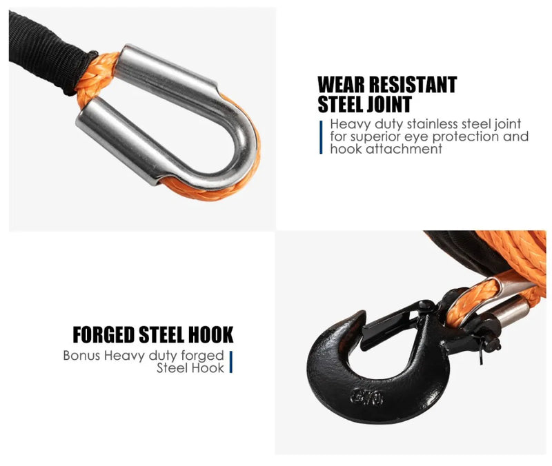 Heavy-duty synthetic Dyneema winch rope with steel hooks for high strength recovery tasks