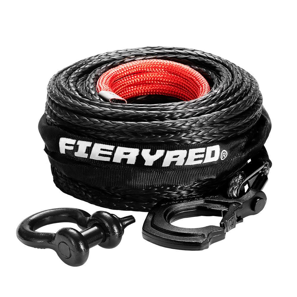 FieryRed Dyneema Synthetic Winch Rope with Hook | Black | 10mm x 30m - Winch Rope/Cable