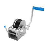 Hand winch with blue handle and metal gears for Dyneema webbing strap, heavy-duty load support
