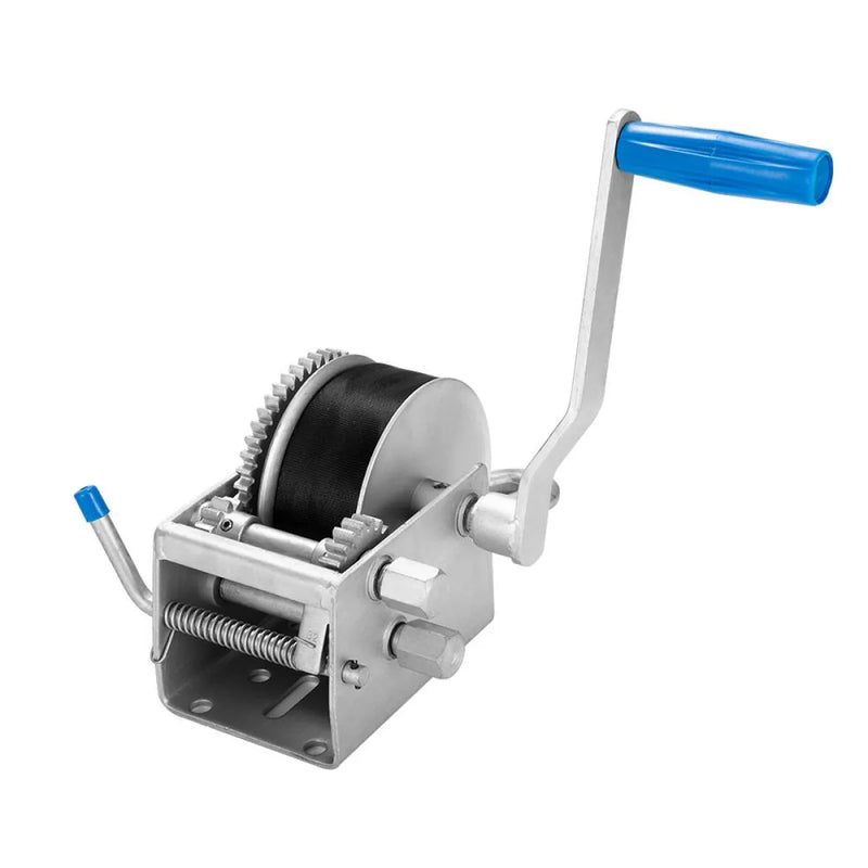 Hand winch with blue handle and metal gears for Dyneema webbing strap, heavy-duty load support