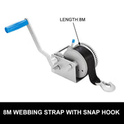 Hand winch with blue handle and Dyneema webbing strap for heavy-duty lifting