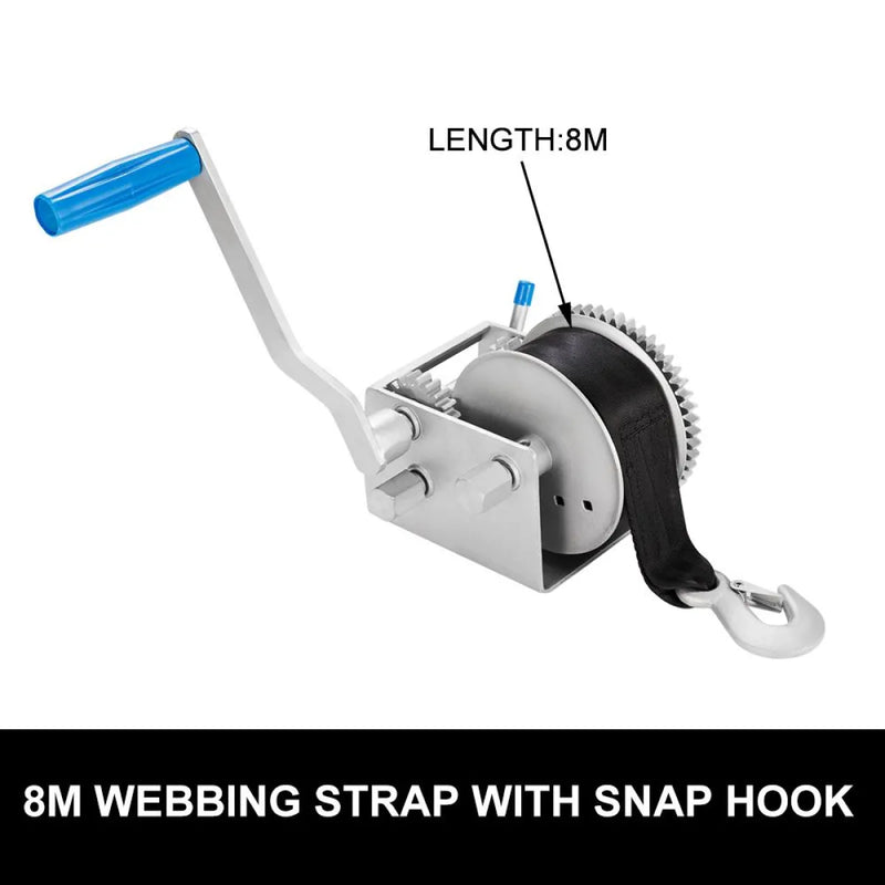 Hand winch with blue handle and Dyneema webbing strap for heavy-duty lifting