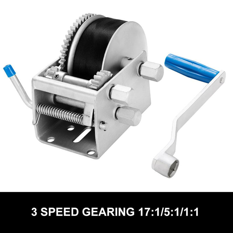 Hand winch with three-speed gearing system and Dyneema Webbing Strap for heavy loads
