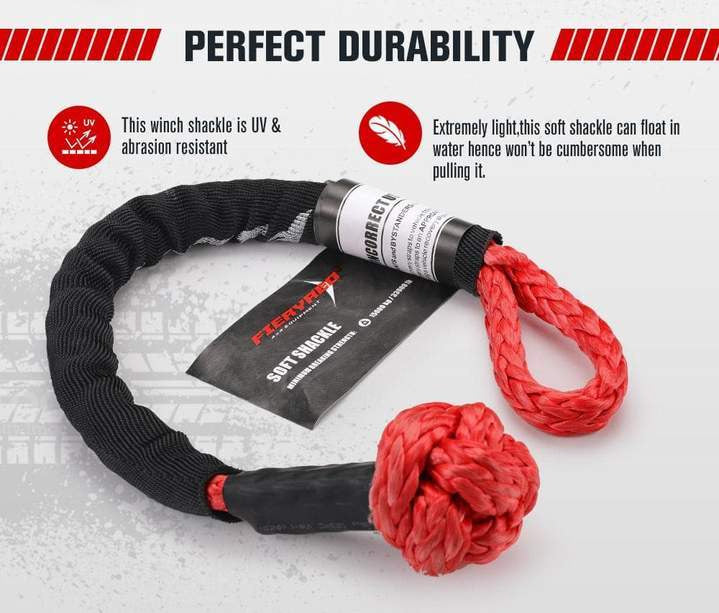 Soft shackle with black sleeve and red rope ends, forming a loop and knot for winch ring use