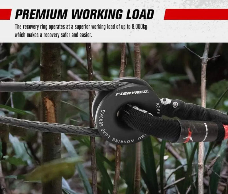 Black recovery ring attached to a tree branch with a 15ton soft shackle and winch ring