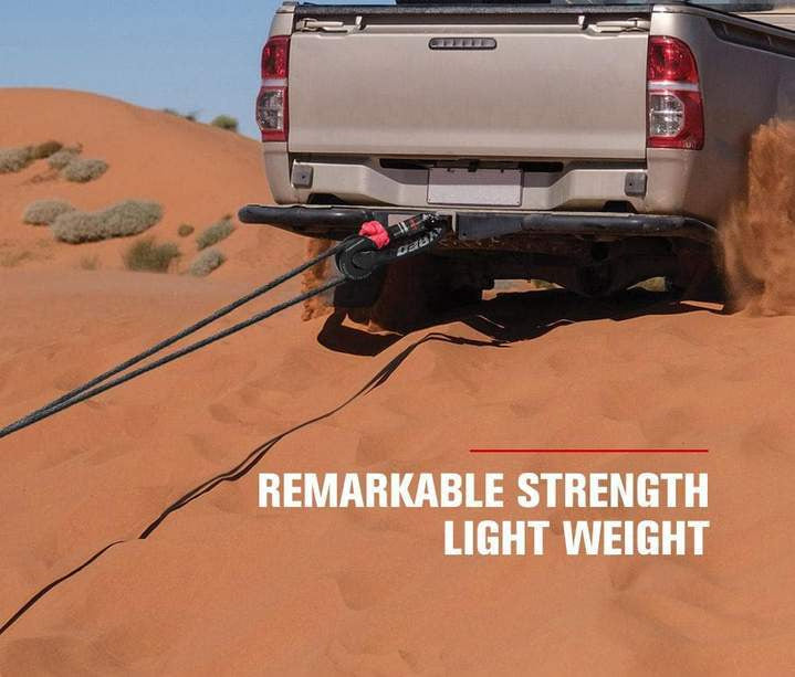 Black recovery board with tow ropes and 15t soft shackle in desert, includes winch ring