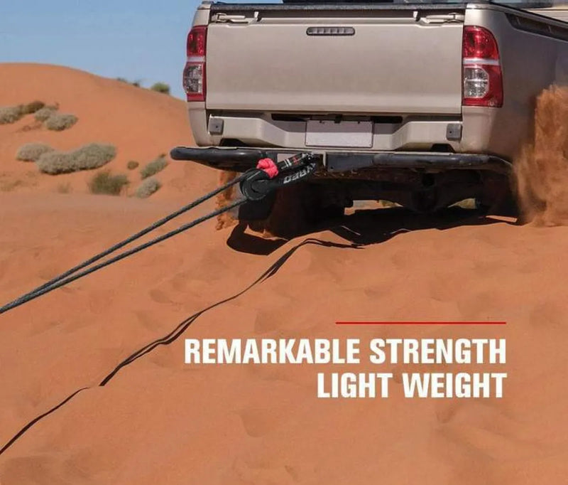 Black recovery board with tow ropes and 15t soft shackle in desert, includes winch ring