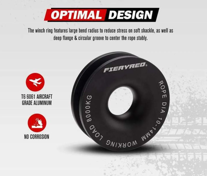 Black circular winch ring with engraved text for FieryRed Recovery Snatch Block Rope Ring