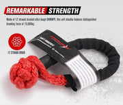 Heavy-duty tow rope with red loop end and black sleeve for 15t soft shackle and winch ring
