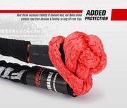Red synthetic rope with black protective sleeve attached, ideal as a soft shackle or winch ring