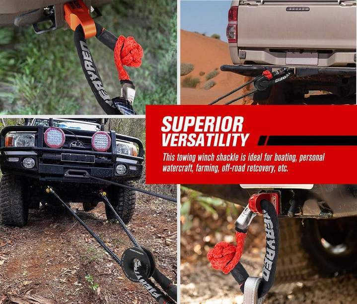 FieryRed Recovery Soft Shackle Winch Ring with Hook and Red Safety Strap for Vehicle Recovery