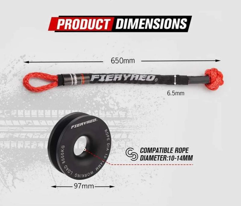 Winch rope with compatible 15T soft shackle and FieryRed Recovery Snatch Block Pulley