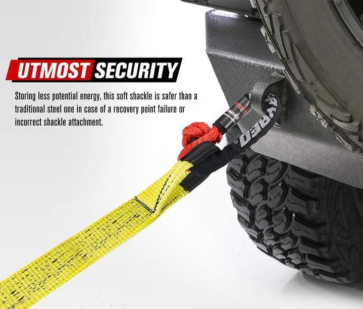 Yellow tow strap attached to vehicle’s recovery point with FieryRed 15t Soft Shackle