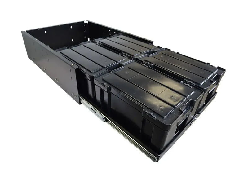 Black plastic cub box drawer with compartments and hinged lid for organized storage