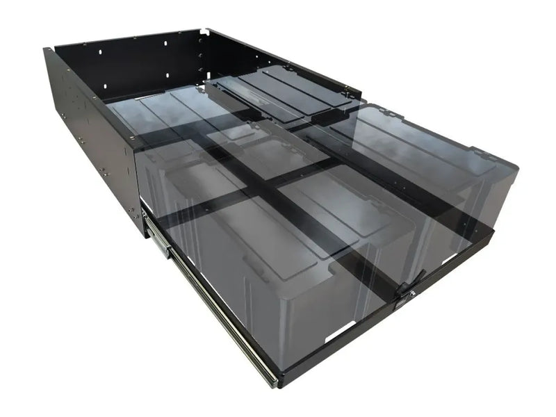 Sliding drawer system with transparent compartments inside a metal frame for Front Runner 4 Cub Box Drawer