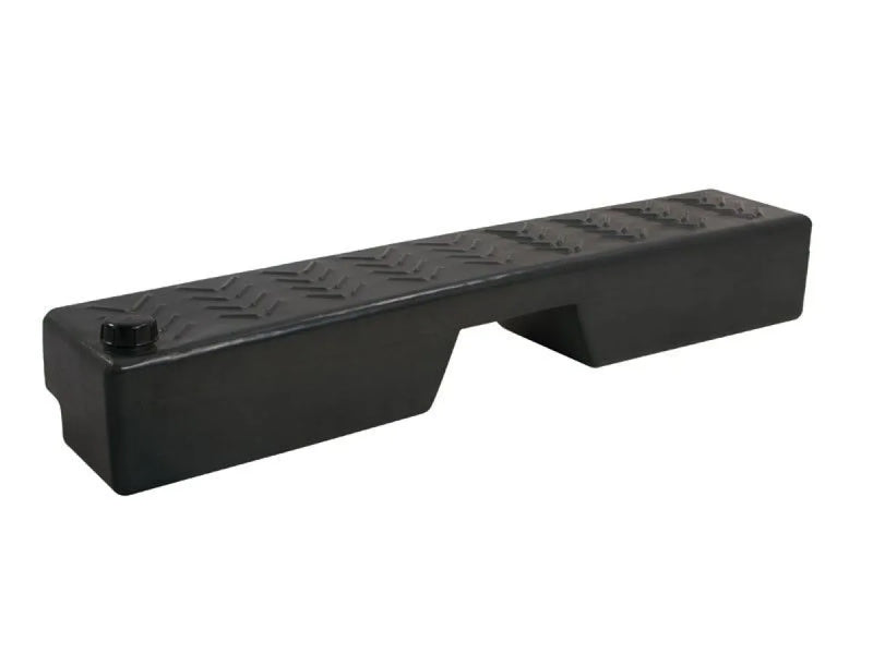 Black plastic footwell water tank platform with textured surface and raised edges