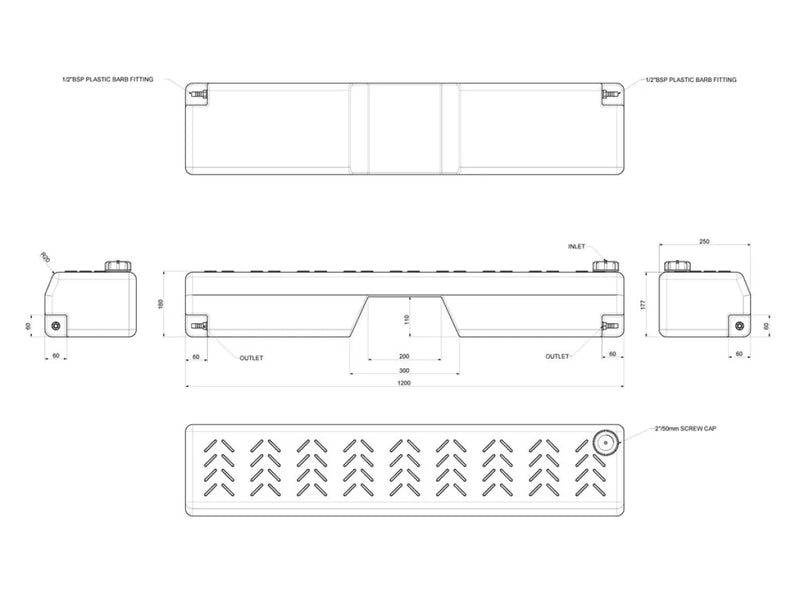 Technical schematic drawing of Front Runner 40L Footwell Water Tank for water storage