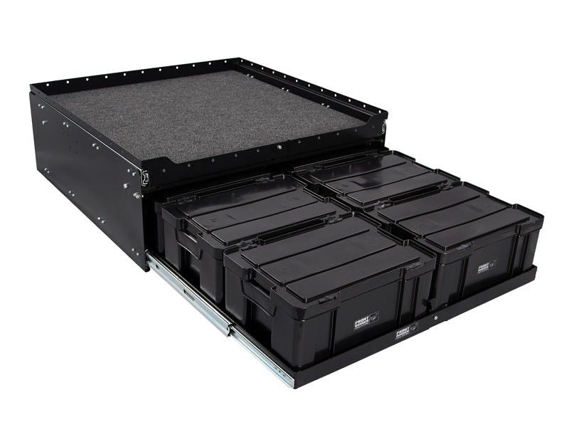 Storage drawer system with multiple black cub box drawers inside Front Runner 6 Cub Box Drawer with Cargo Sliding Top