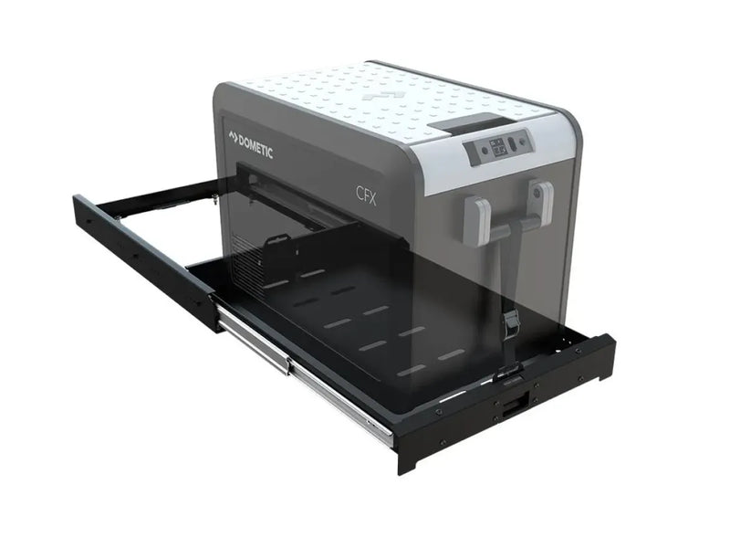 Desktop printer with extended paper tray on Front Runner Cargo and Fridge Slide