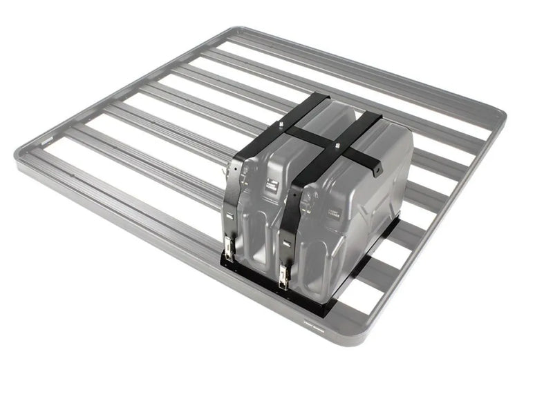 Front Runner Double Jerry Can Holder roof rack accessory in stainless steel black powder coated