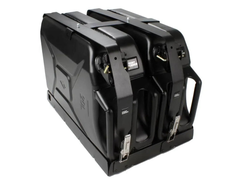 Black plastic carrying case with compartments and handles for Front Runner Double Jerry Can Holder