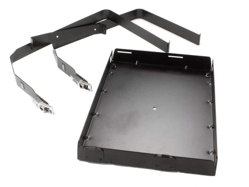 Stainless steel black powder coated computer hard drive mounting bracket with metal straps