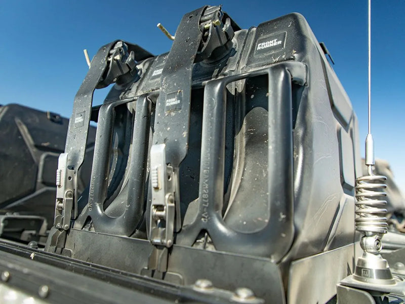 Vehicle seat with multiple harness straps and protective padding for Front Runner Double Jerry Can Holder