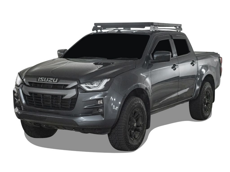 Gray Isuzu pickup truck with roof rack kit and black wheels, featuring Slimline II roof rack
