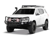 White off-road SUV with Front Runner Isuzu MU-X Slimline II roof rack kit and oversized tires
