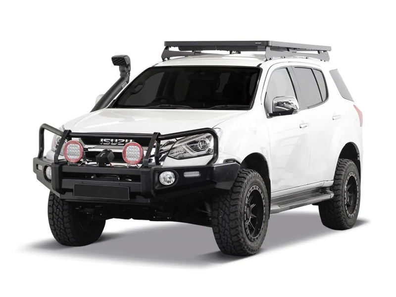 White off-road SUV with Front Runner Isuzu MU-X Slimline II roof rack kit and oversized tires