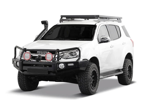 White off-road SUV with Front Runner Isuzu MU-X Slimline II roof rack kit and oversized tires