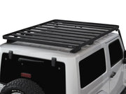 Black roof rack mounted on white Jeep Wrangler in front runner roof rack kit for JK models