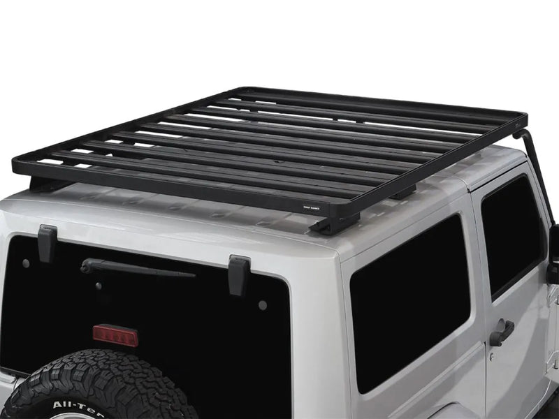 Black roof rack mounted on white Jeep Wrangler in front runner roof rack kit for JK models