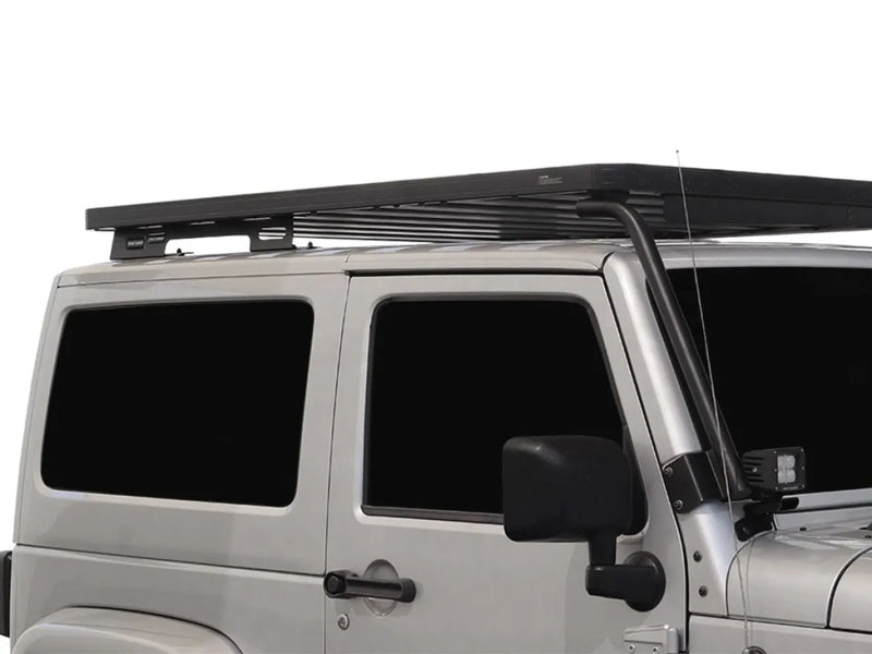 Roof rack kit on silver Jeep Wrangler for off-road adventures, Front Runner roof rack