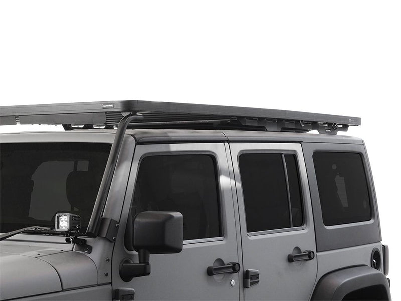 Front Runner Jeep Wrangler JK roof rack kit mounted on a Jeep Wrangler for off-road adventures
