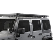 Front Runner Jeep Wrangler JK roof rack kit mounted on a Jeep Wrangler for off-road adventures