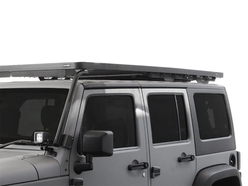 Front Runner Jeep Wrangler JK roof rack kit mounted on a Jeep Wrangler for off-road adventures