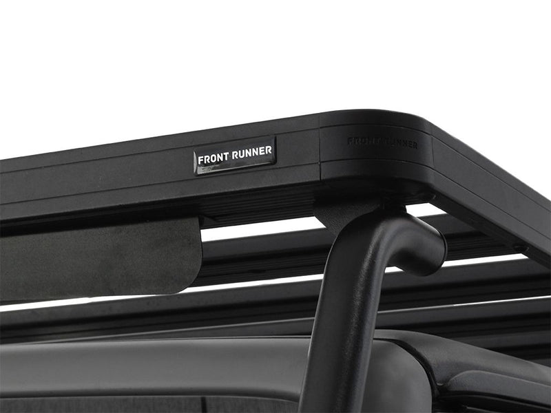 Vehicle roof rack with Front Runner branding on Jeep Wrangler roof rack kit for 2007-2018