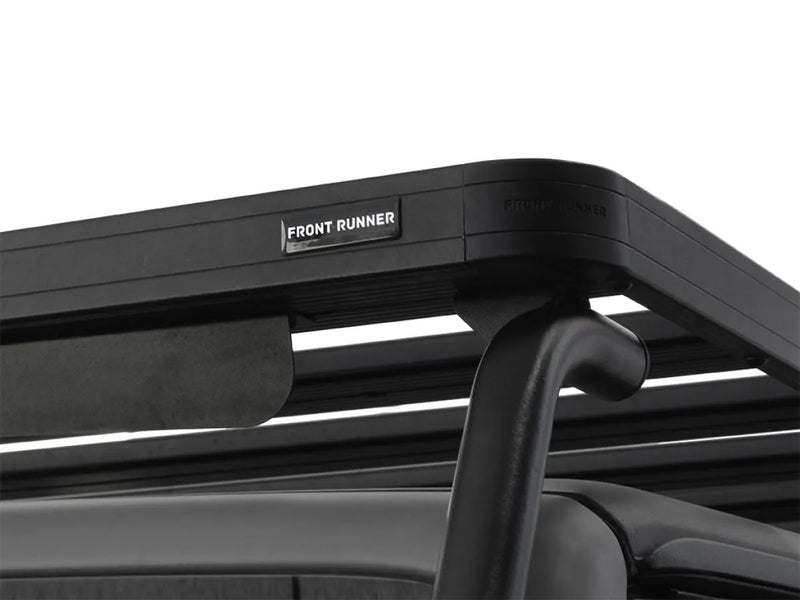 Vehicle roof rack with Front Runner branding on Jeep Wrangler roof rack kit for 2007-2018