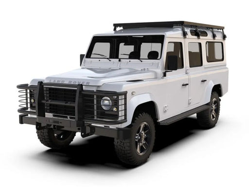 White Land Rover Defender with Front Runner LR Defender 110 roof rack kit and grille guard