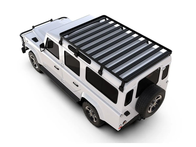 White SUV with black roof rack from Front Runner LR Defender 110 Slimline II roof rack kit