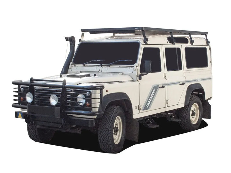 White Land Rover Defender with Front Runner LR Defender 110 Slimline II roof rack kit