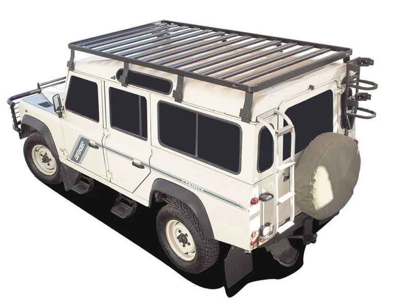 White Land Rover Defender with Front Runner LR Defender 110 Slimline II roof rack kit