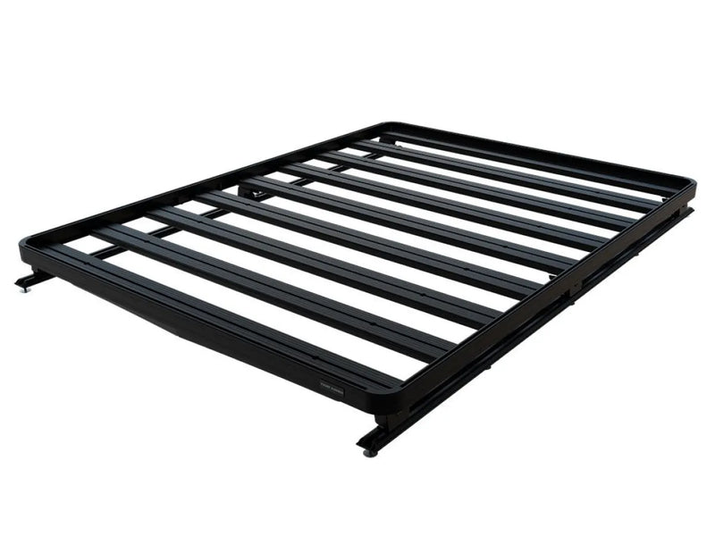 Black metal roof rack with parallel bars for vehicle cargo storage on Front Runner LR Range Rover Vogue Slimline II Roof Rack Kit