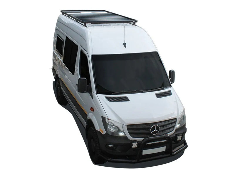 Mercedes-Benz Sprinter van with roof rack and custom front bumper for slimline ii tray setup